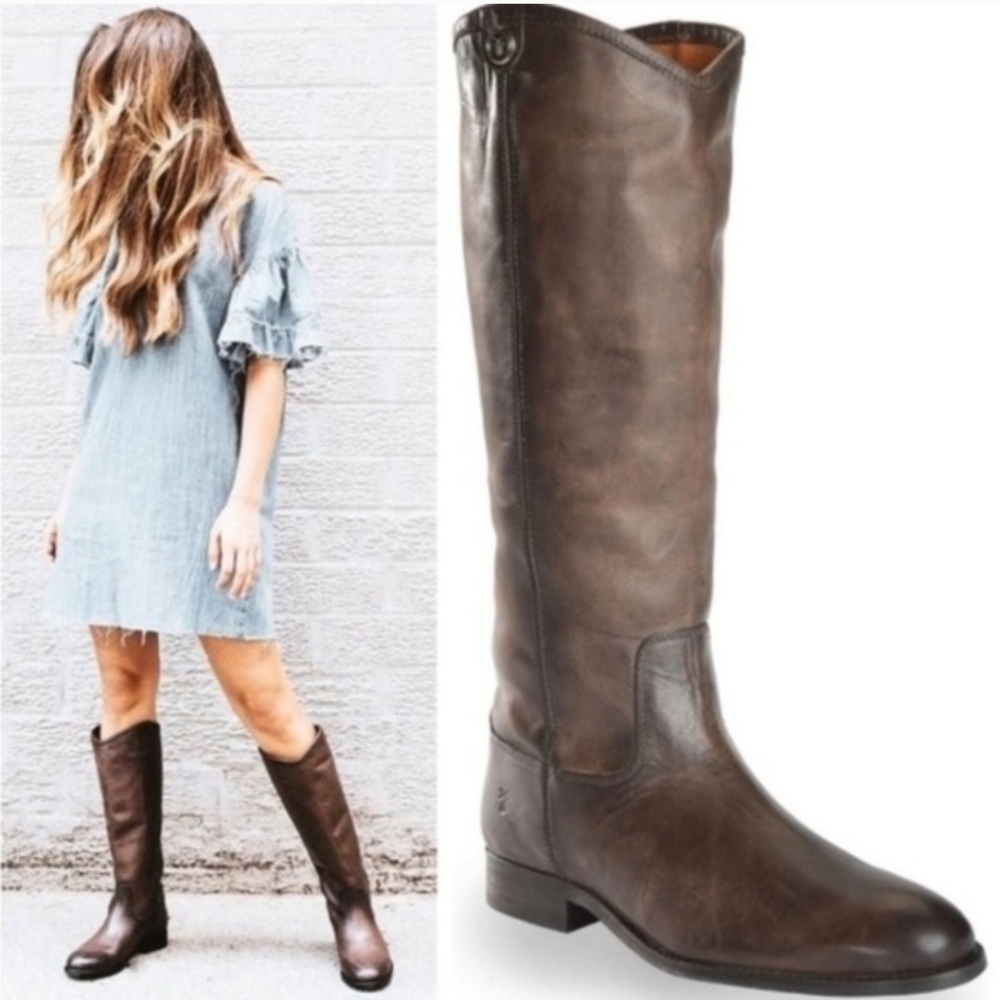 Frye  Melissa Tall Western  Riding Lug Boots Gray Leather Sz 6.5